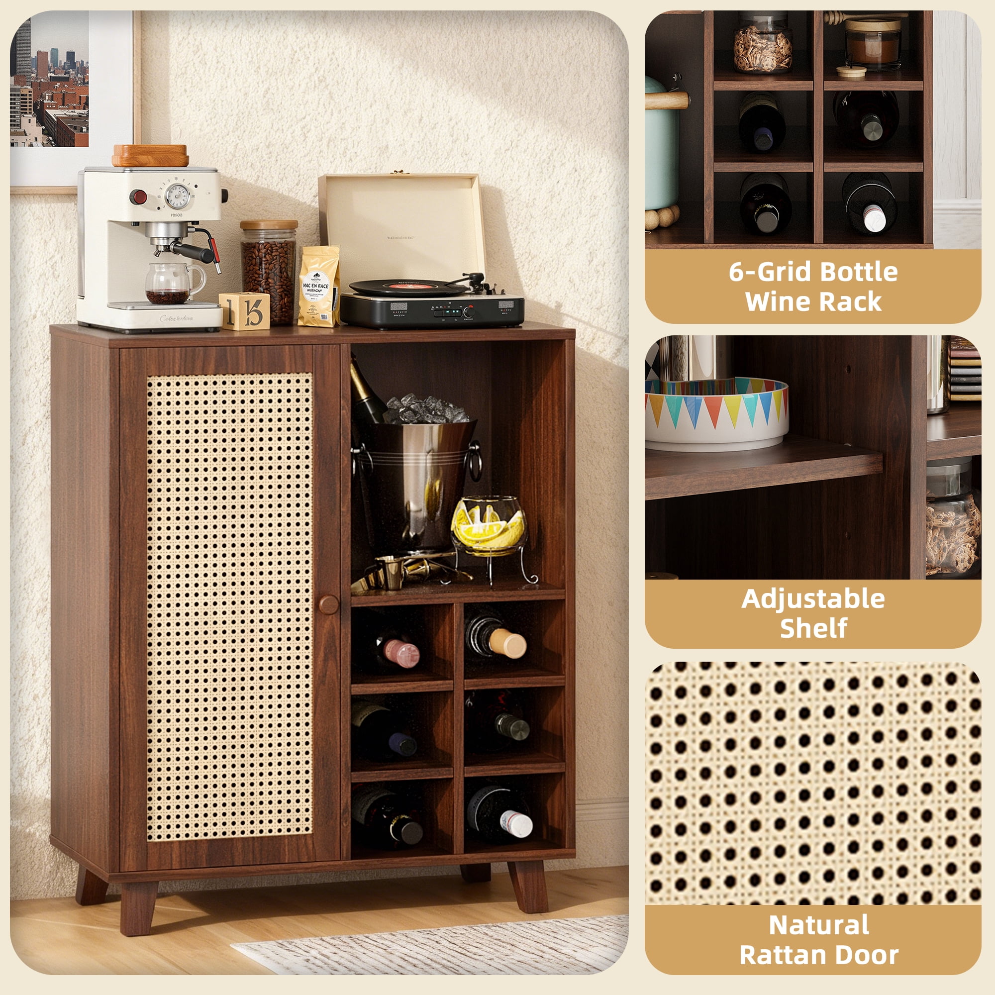 MAYEERTY Rattan Sideboard Cabinet with Wine Racks, Versatile Storage for Kitchen & Entryway, Walnut