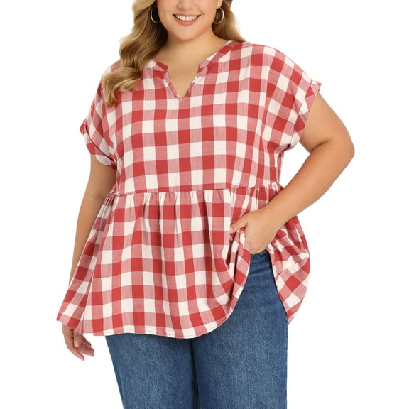 GRACE & GRANDEUR Women's Plus Size Easter Gingham Tops Plaid Notch Neck Raglan Sleeve Summer Casual Babydoll Peplum Top Blouse 1X Red