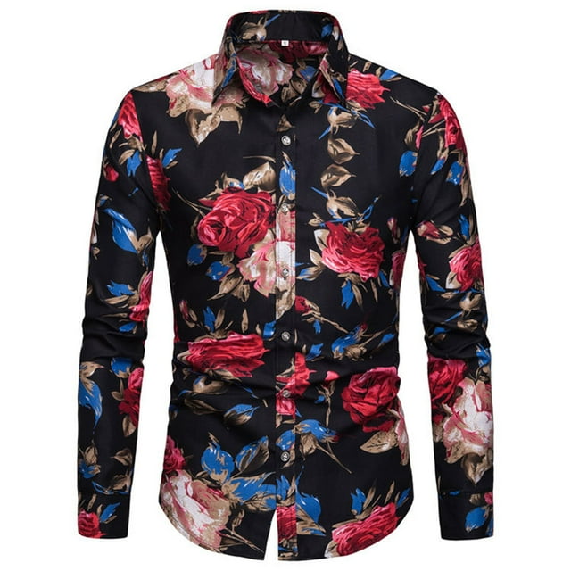 Pompotops Chemise à Manches Longues pour Homme, Style Vacances au Bord de Mer, Imprimé de Roses, en Solde