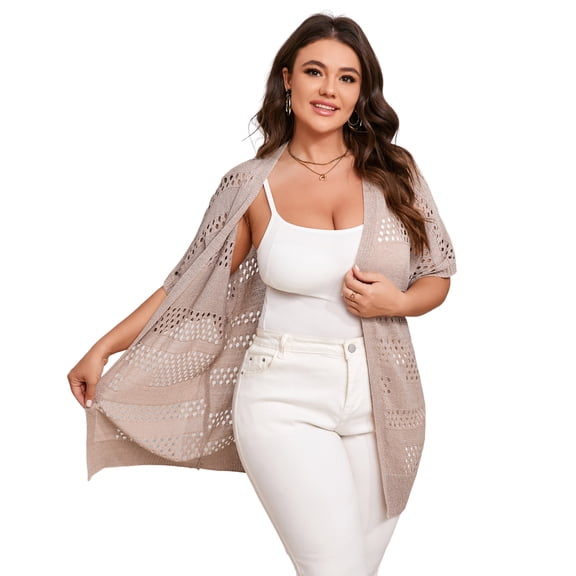 Women Short Sleeve Crochet Cardigan Plus Size, Open Front Knit Cover-Up