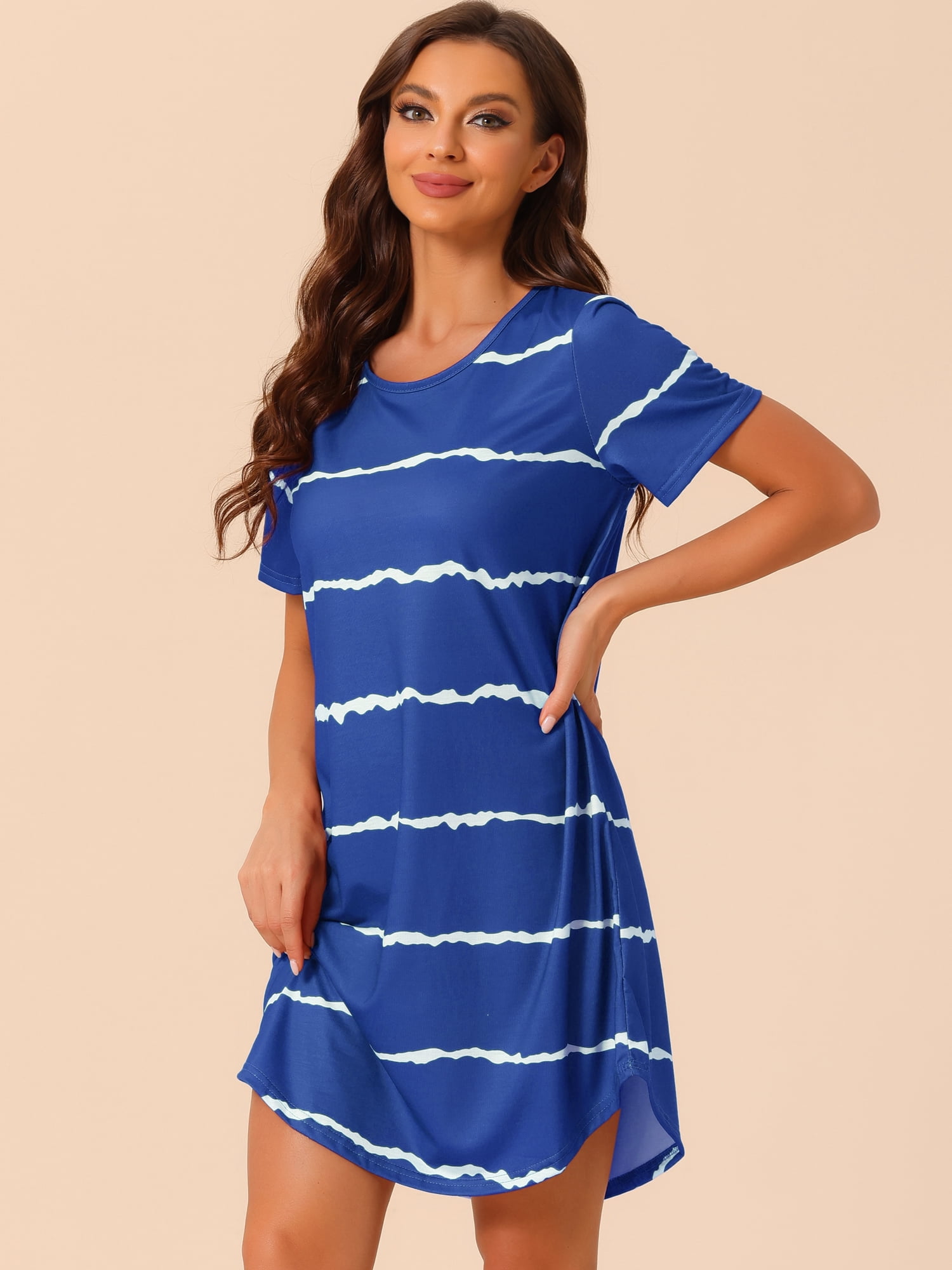 DARING DIVA Women's Round Neck Striped Short Sleeve Sleepshirt Nightgown 2XL Blue