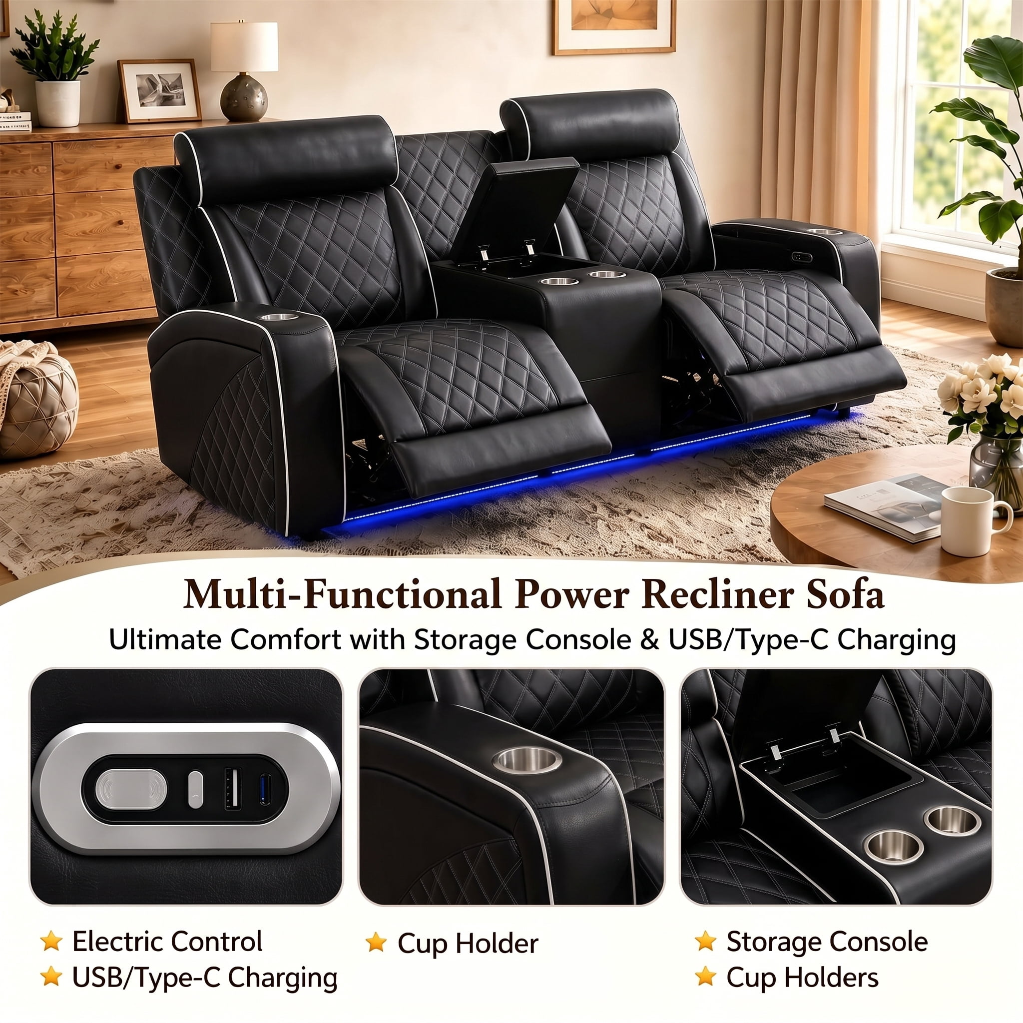 Aukfa Power Recliner Loveseat RV Sofa with USB, Cup Holders & LED Lighting, Storage Console, Home Theater Seating for Living Room, PU Leather, Black