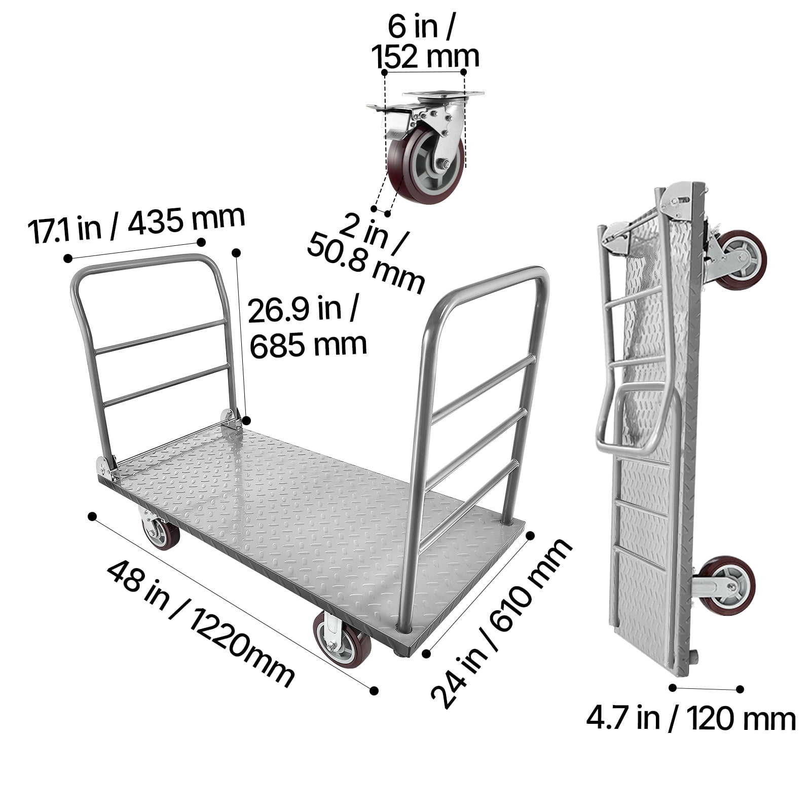 KFFKFF Heavy Duty Platform Truck, 2650 lbs Load Capacity, Flatbed Cart with Removable Guardrail and Swivel Wheels, Foldable Hand Push Cart for Groceries, Garage, Warehouse, 48 x 24 x 36.2 in