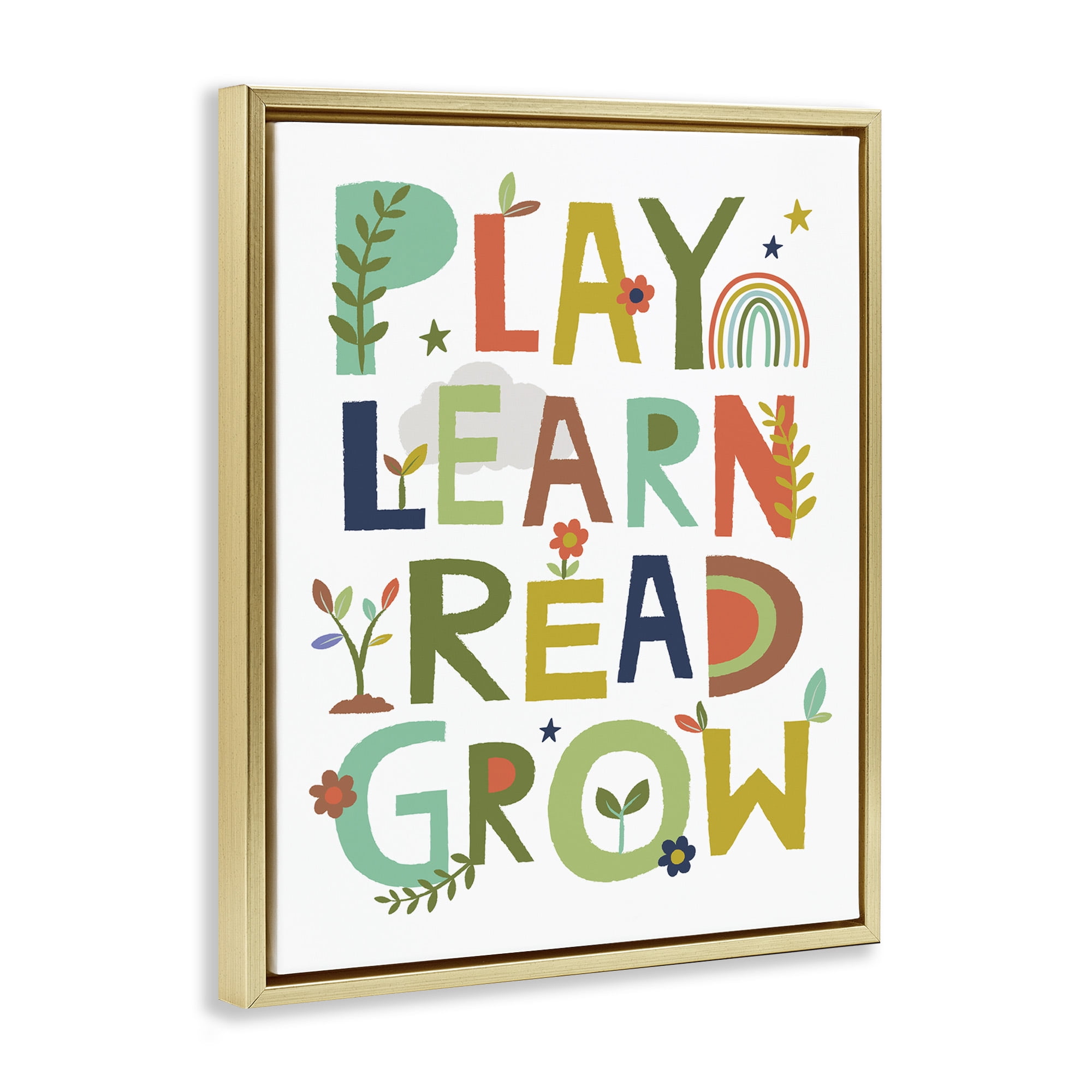 Stupell Industries Play Learn Read Grow Typography Literature & Flim Painting Gold Floater Framed Canvas Art Print Wall Art, 17 x 21