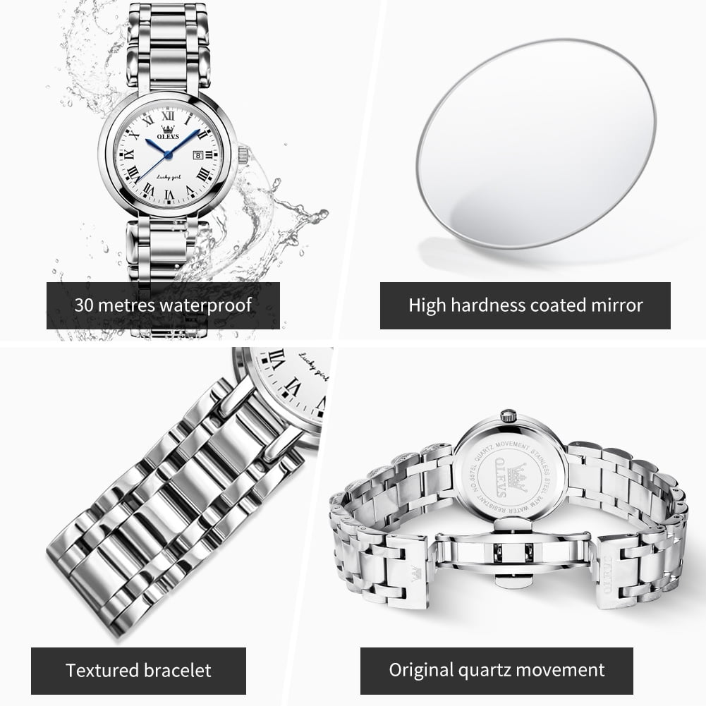 OLEVS Watches for Womens Analog Quartz Silver Strap Fashions Classic Dress Stainless Steel Date Waterproof Casual Ladies Watches Gift Womens Wrist Watches Reloj Para Mujer White/Pink/Purple