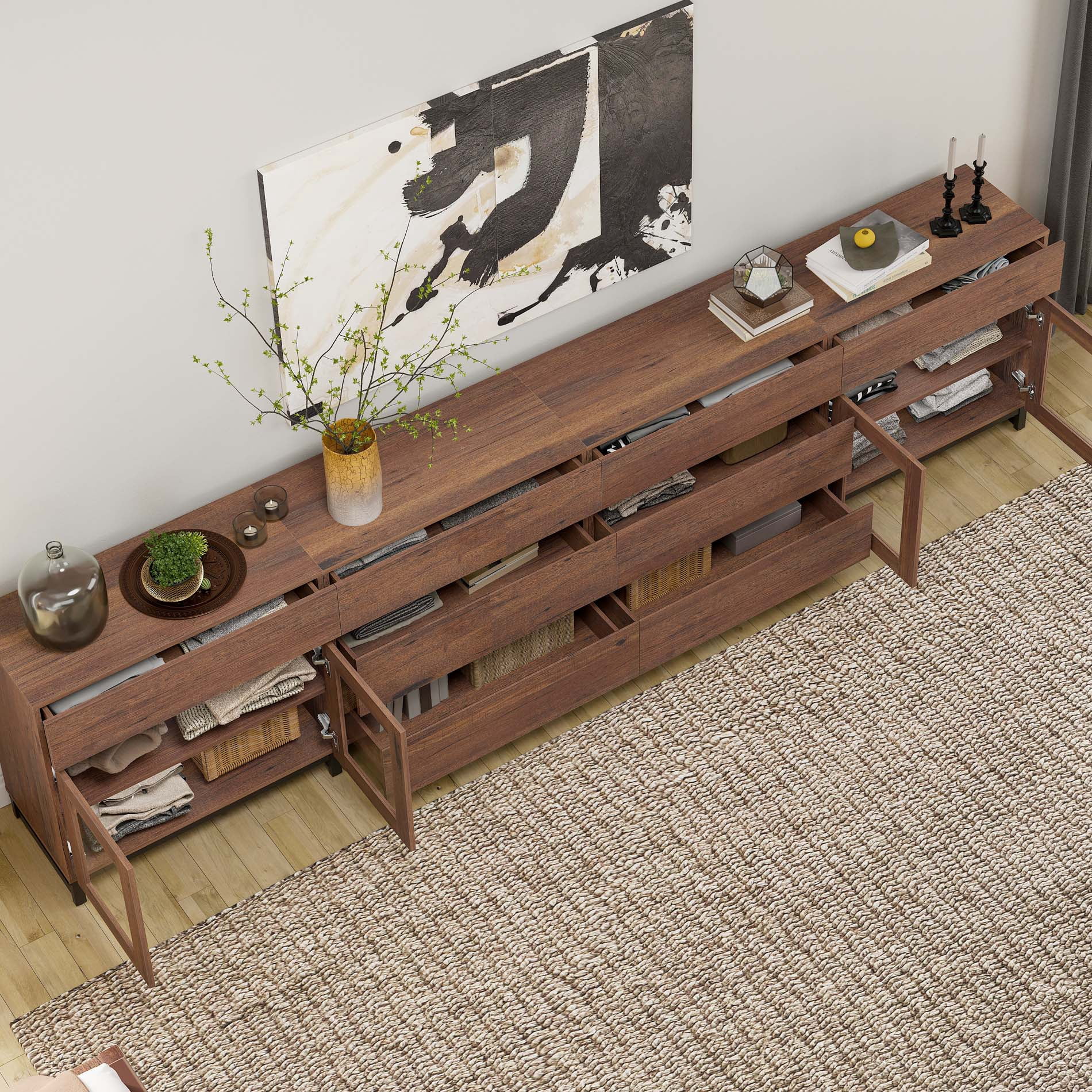 4 In 1 Multifunctional Chest of Drawers, Glass Door Dresser with 8 Drawers and Adjustable Shelves, Home Storage Cabinet Organizer for Bedroom,Brown