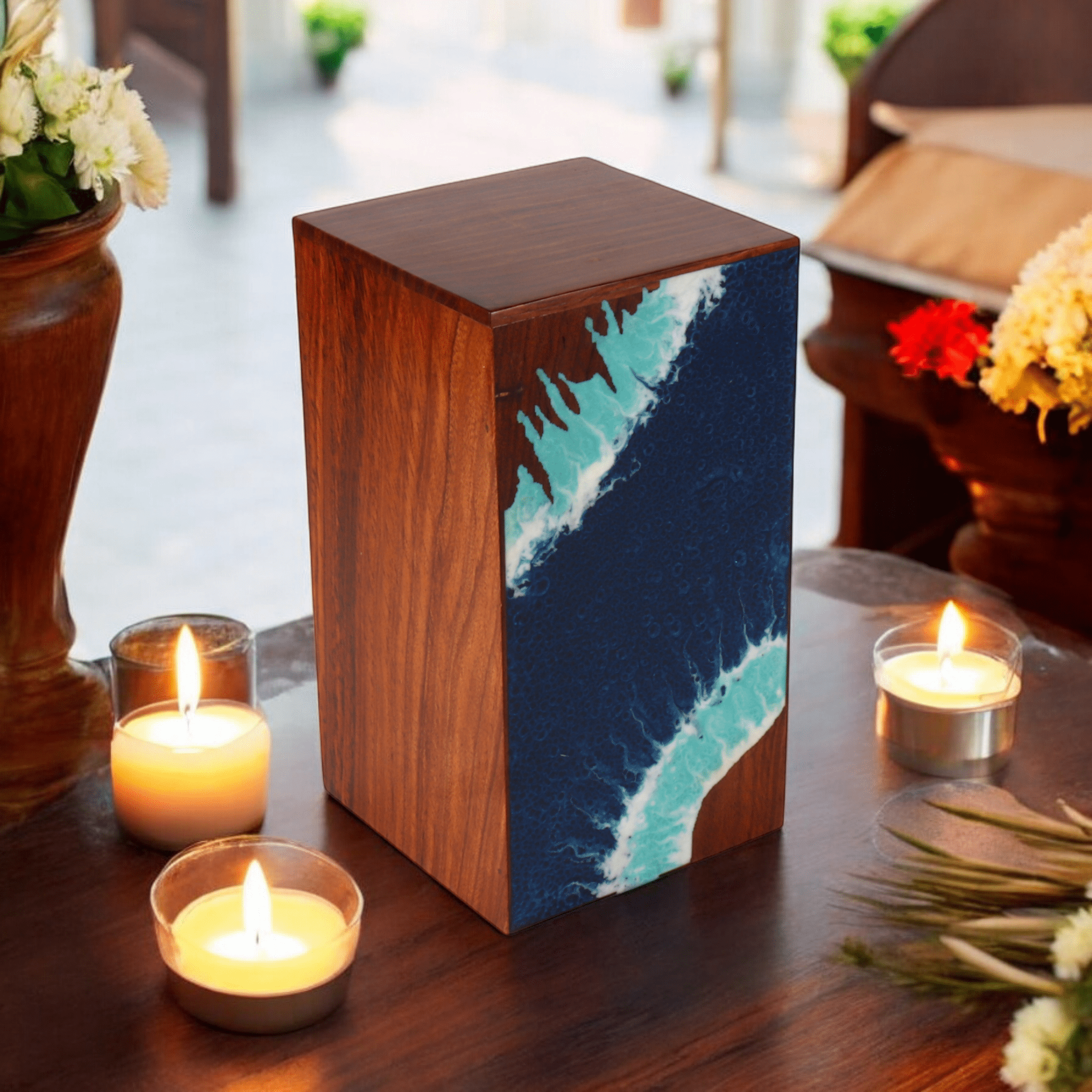 Wooden Cremation Urn for Human and Pet Ashes, Memorial Urn, Burial Urn, Keepsake Urn, Adult Urn with Epoxy Design (Small)