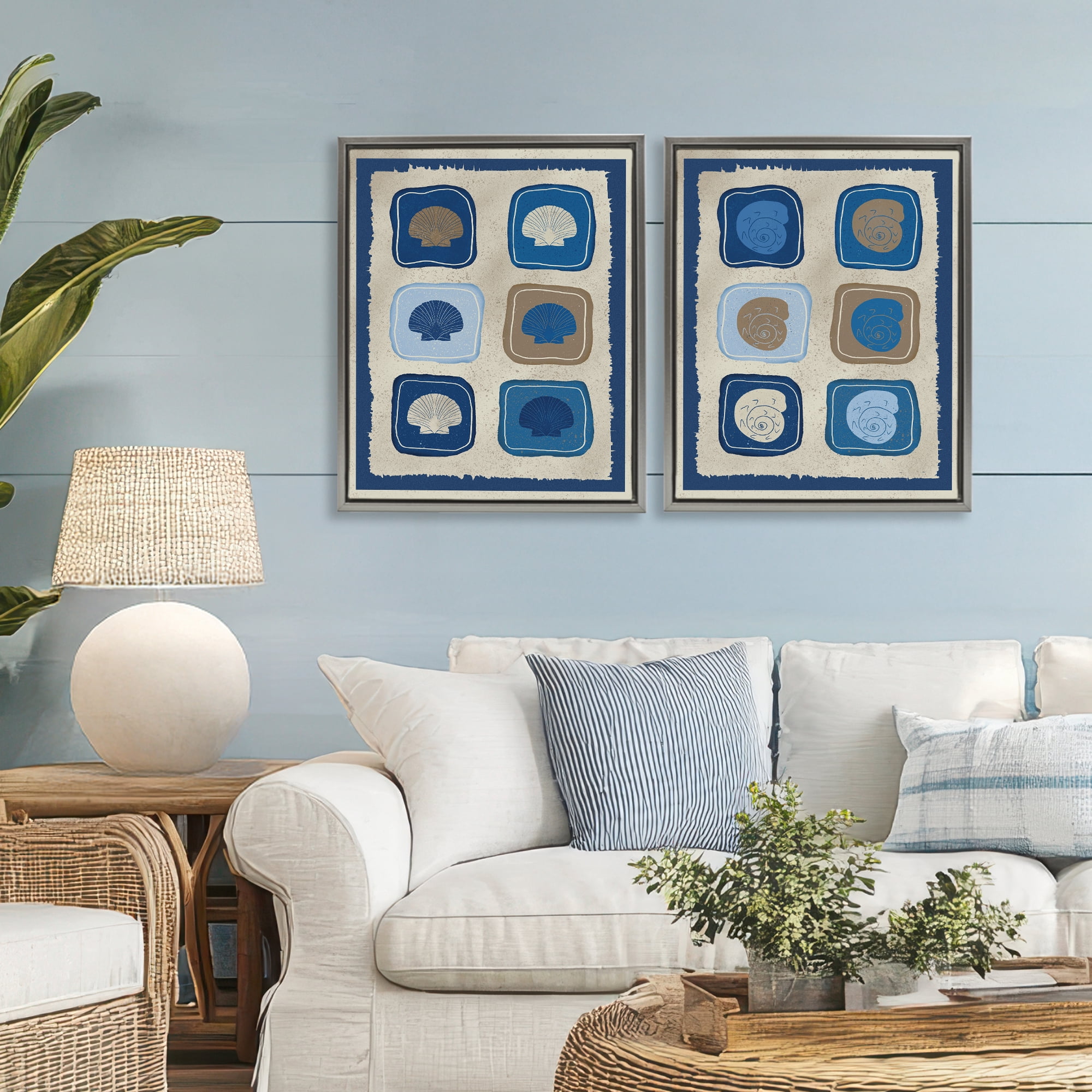 Stupell Industries Blue Blocked Seashells 2 Piece Gray Framed Floater Canvas Set, design by Julia Frost