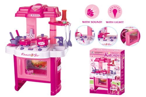 26" Portable Kitchen Appliance Oven Cooking Play Set With Lights & Sound Pink 