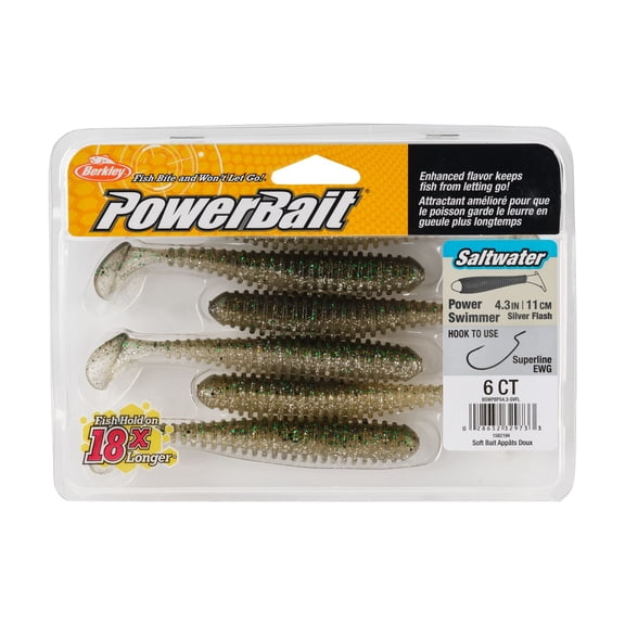 Berkley PowerBait® Saltwater Power Swimmer, 4.3 in, Swimbaits, Silver Flash (6-count)