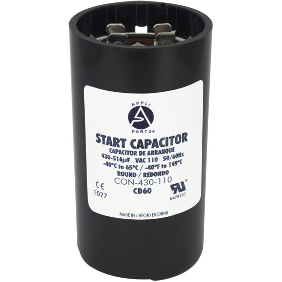 Appli Parts motor start capacitor 430-516 Mfd (microfarads) uF 110-125VAC universal fit for electric motor applications 1-3/4 in Wide 3-3/8 in Height CON-430-110