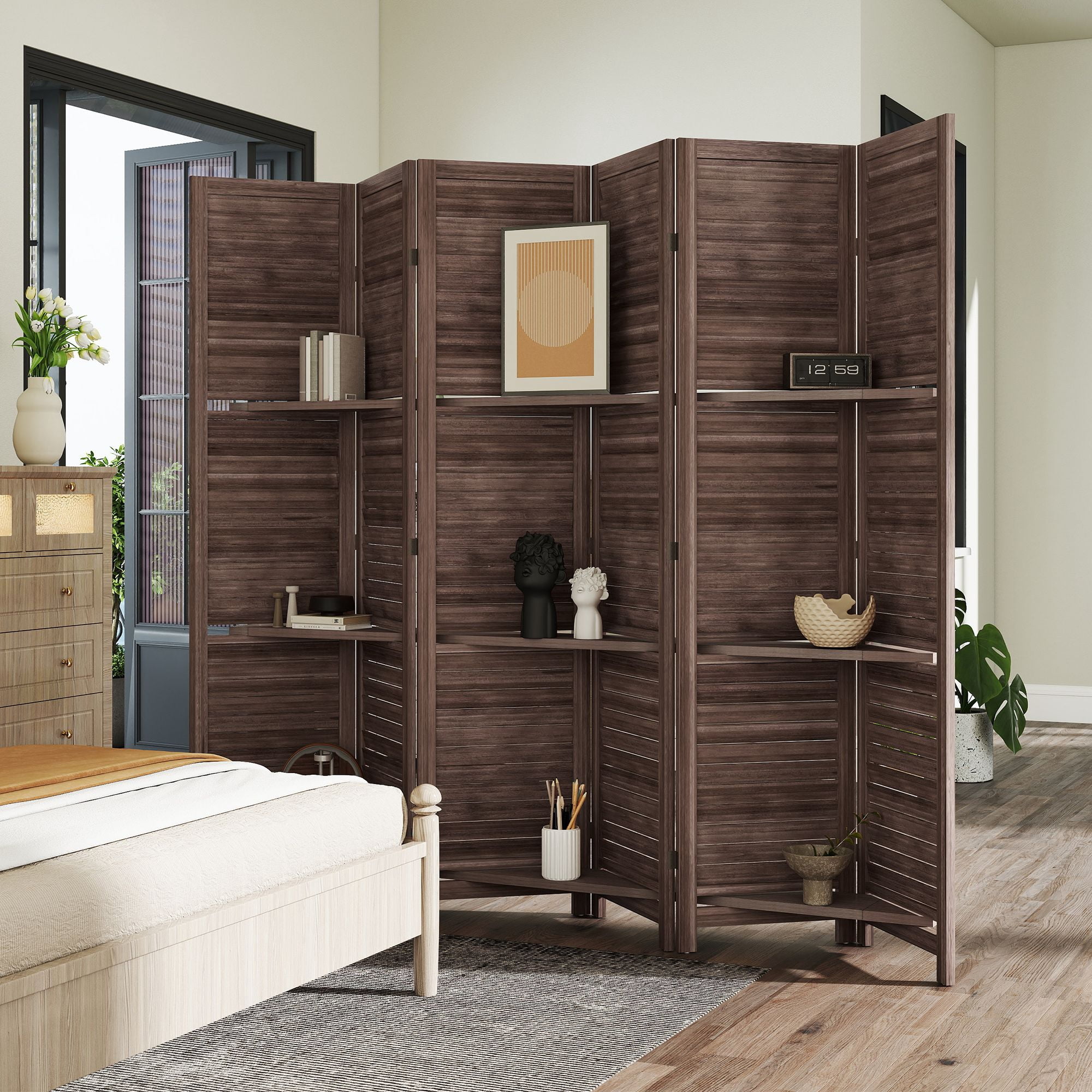 Alvantor 6 Panel Freestanding Room Divider in Walnut with Storage Shelves, 67 Inch Wood Privacy Screen