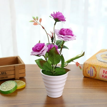 Flowers For Office Decoration Artificial Rose Flowers In Pots, Fake Potted Bonsai Tree for Garden Home Office Desk Decoration Color:Purple ()