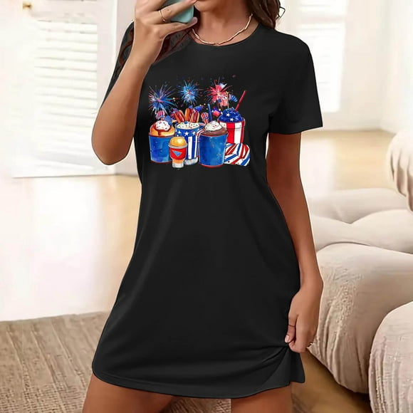 Drppepioner Today Lightning Deals of the Day Women'S Oversized Short Nightgown Fashion Chest Print Short Sleeve Nightdress，Short Sleeves Sleepshirt Casual Nightgown Black