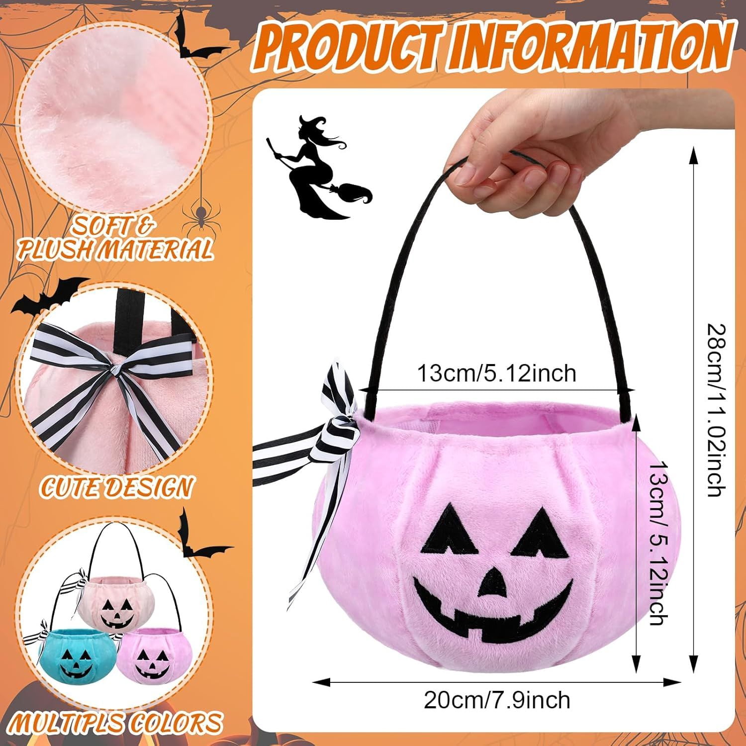 3 Pack Flannel Pumpkin Candy Basket Halloween Boo Basket for Trick or Treat