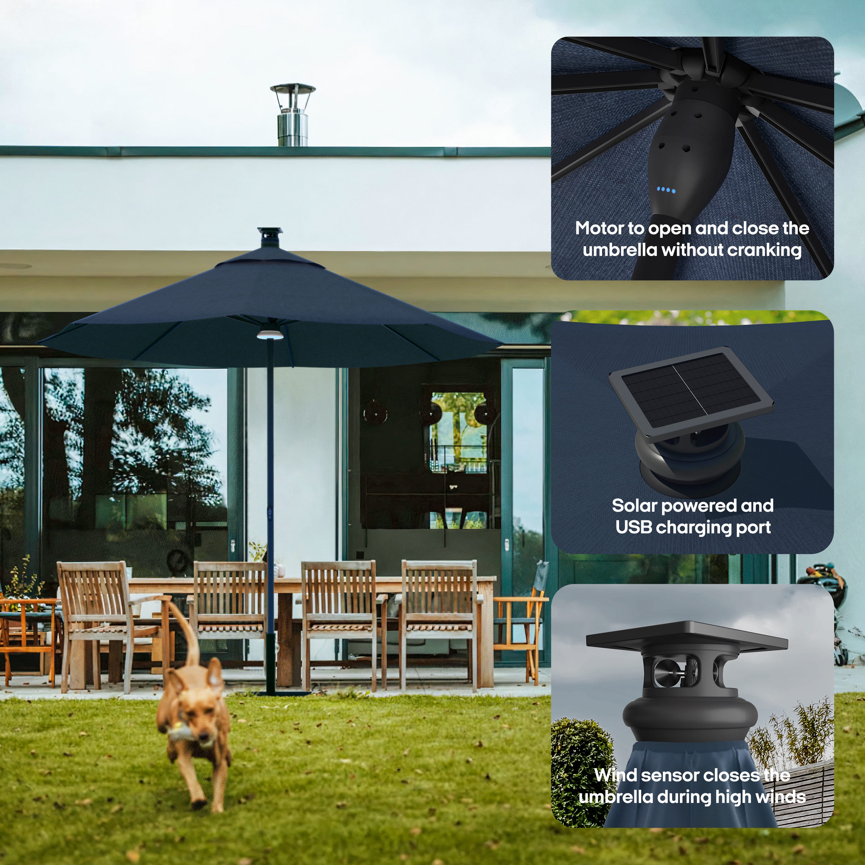 Above® Solo Classic 106 in Blue Solid Print Octagon Market Patio Umbrellas, Fade Resistant, Solar Powered, LED Lighting