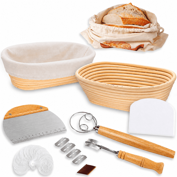 Sourdough Proofing Basket Set, (2 Pack) 10'' Oval Baskets with Baking Tools & Bread Bag