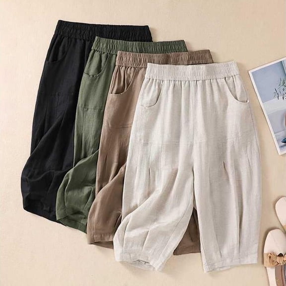 Women's High Waisted Loose Fit Linen Pants Shorts Trousers Bottoms, Elastic Waistband Solid Color Casual Daily Lounge Home Wear Travel Essentials for Women | Aestivo,Army Green L