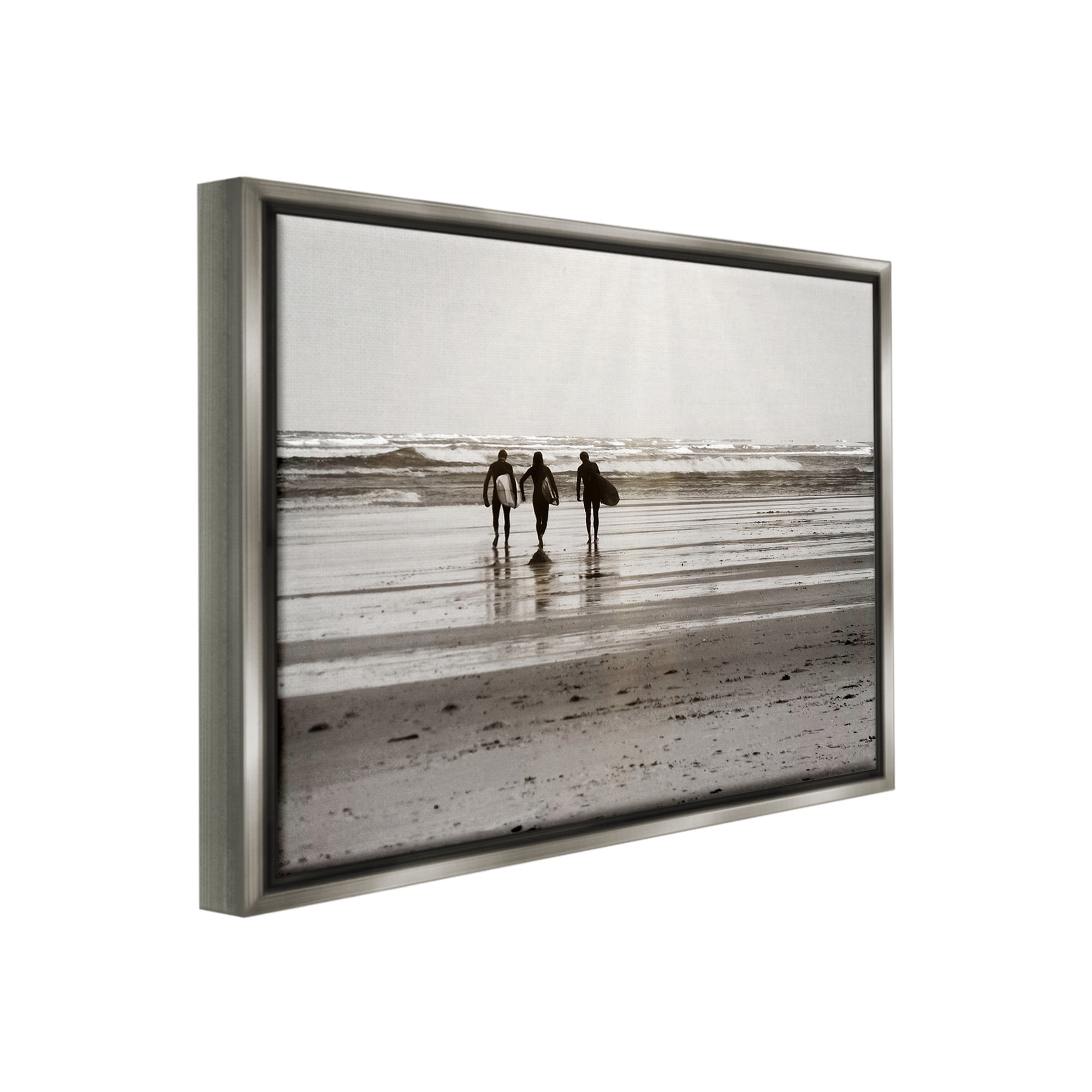 Stupell Industries Strolling Surfer Friends Landscape Photography Gray Floater Framed Canvas Art Print Wall Art, 31 x 25