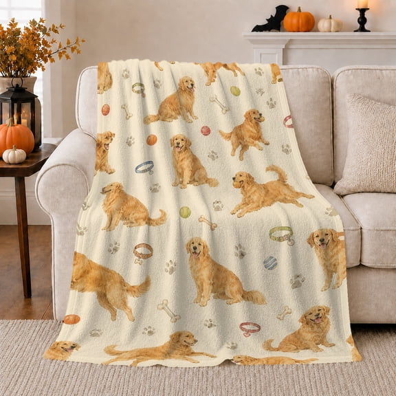 Cheerful Golden Retriever Watercolor Pattern, Playful Pet Portrait Pattern, Warm Flannel Blanket for Living Room and Bedroom, Dog Lovers Just Because Gift, Pet Lover Home Decor