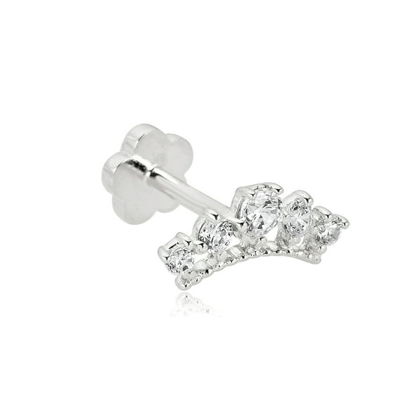 AVORA 14K White Gold Simulated Diamond CZ Tiara Crown Cartilage Piercing Flat Back Earring Body Jewelry (18 Gauge)