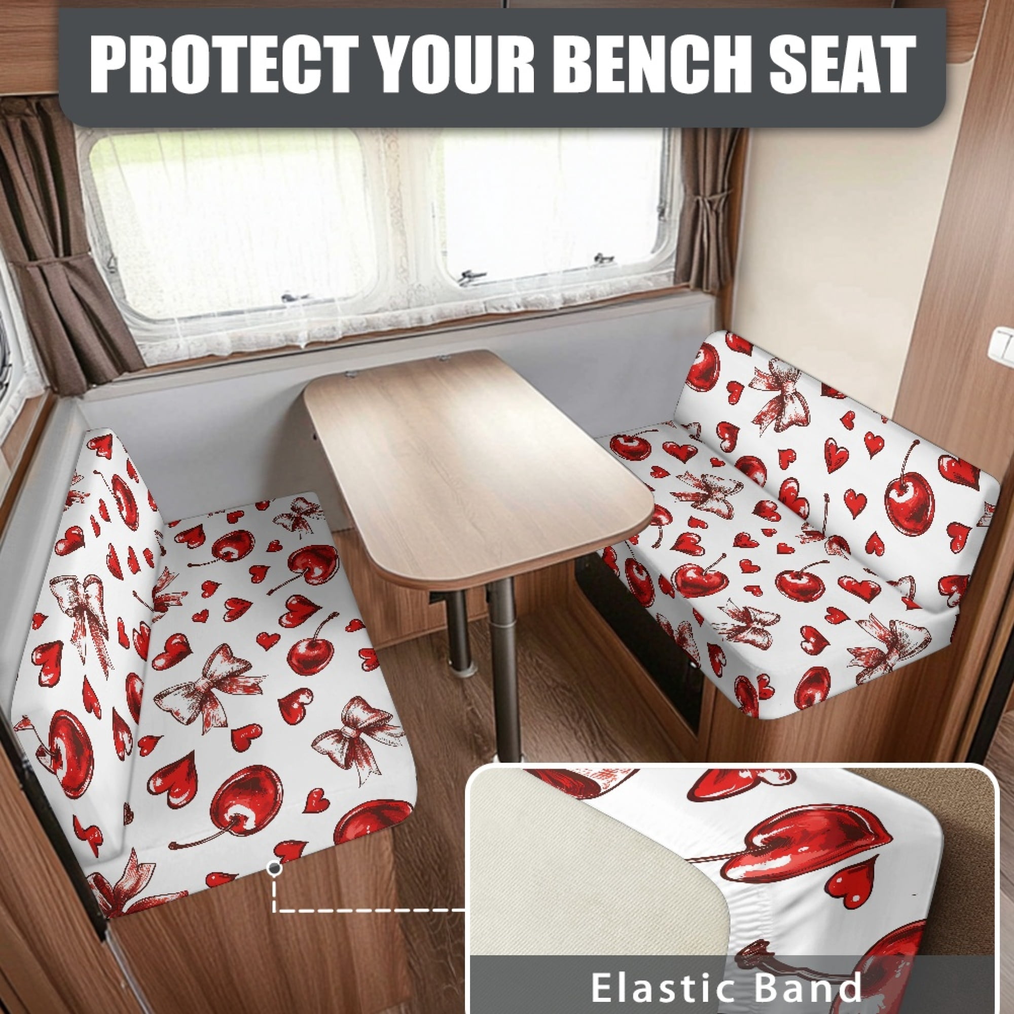Yuyamidu Cherry RV Dinette Cushion Covers Booth Set Bow Camper Cushions Cover Red Heart RV Couch Covers 2 Pcs Valentine's Day Camper Dinette Seat Covers for Travel Trailer Couch