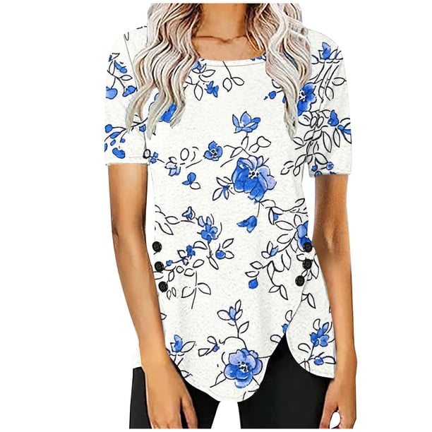 Blusas de Manga Corta para las Mujeres Botón Impreso Cuello Redondo Top Casual, Blusas para las Mujeres Casual