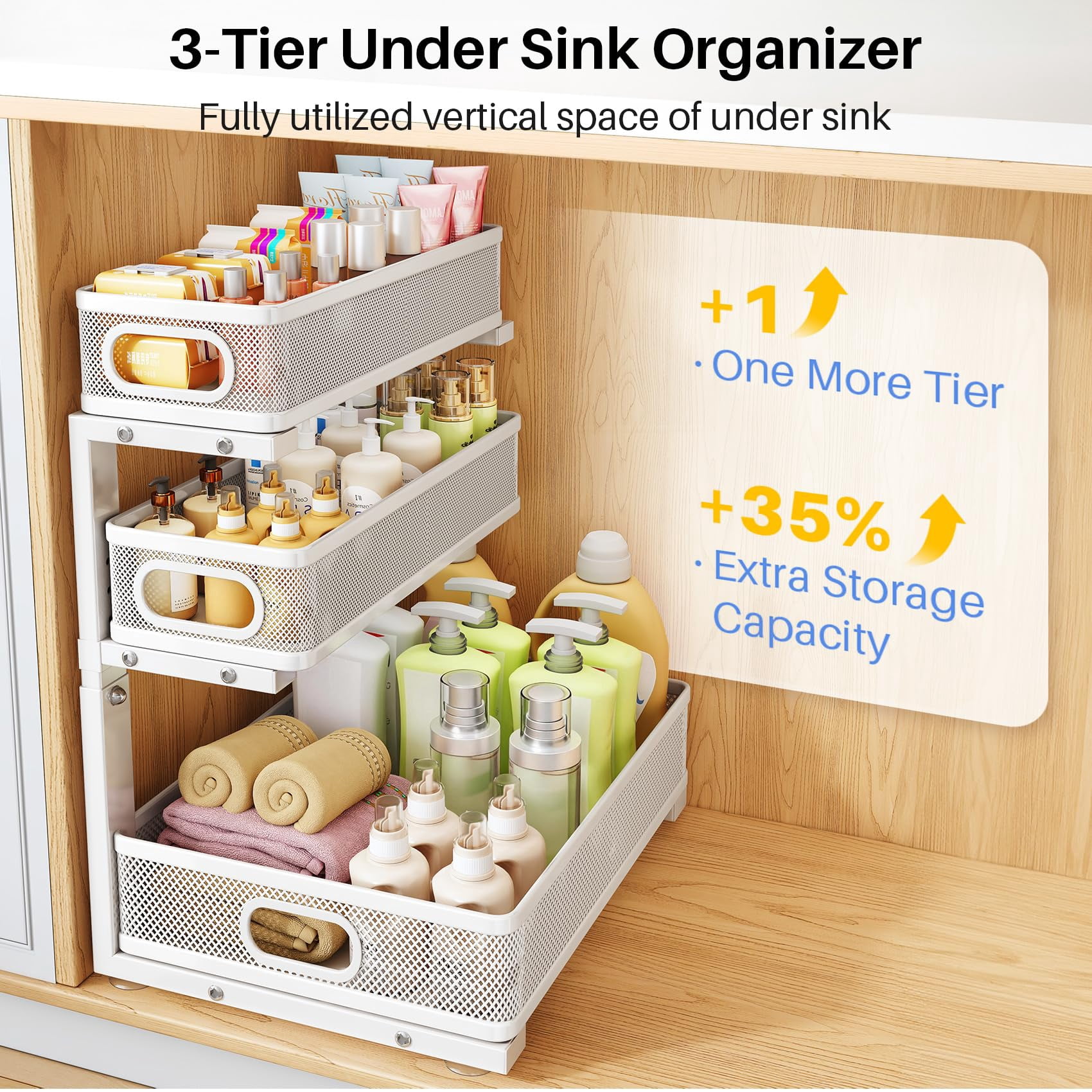 Under Sink Organizer, 2-Pack 3-Tier Thickened Metal Pull out Cabinet Organizer Shelf, Height Adjustable Slide out Storage Drawer Rack for Kitchen Bathroom Pantry Laundry Home Organization, White