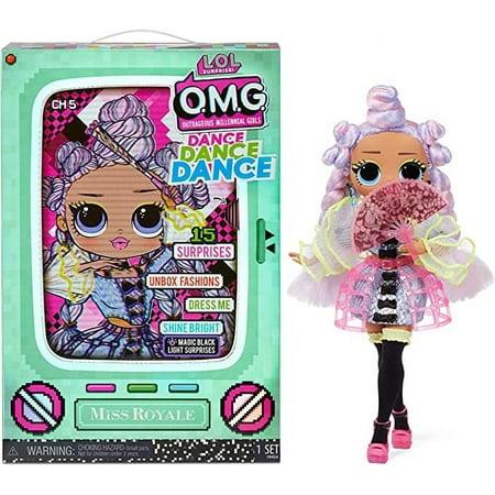 LOL Surprise OMG Dance Dance Dance Miss Royale Fashion Doll with 15 Surprises Including Magic Blacklight, Shoes, Hair Brush, Doll Stand and TV Package