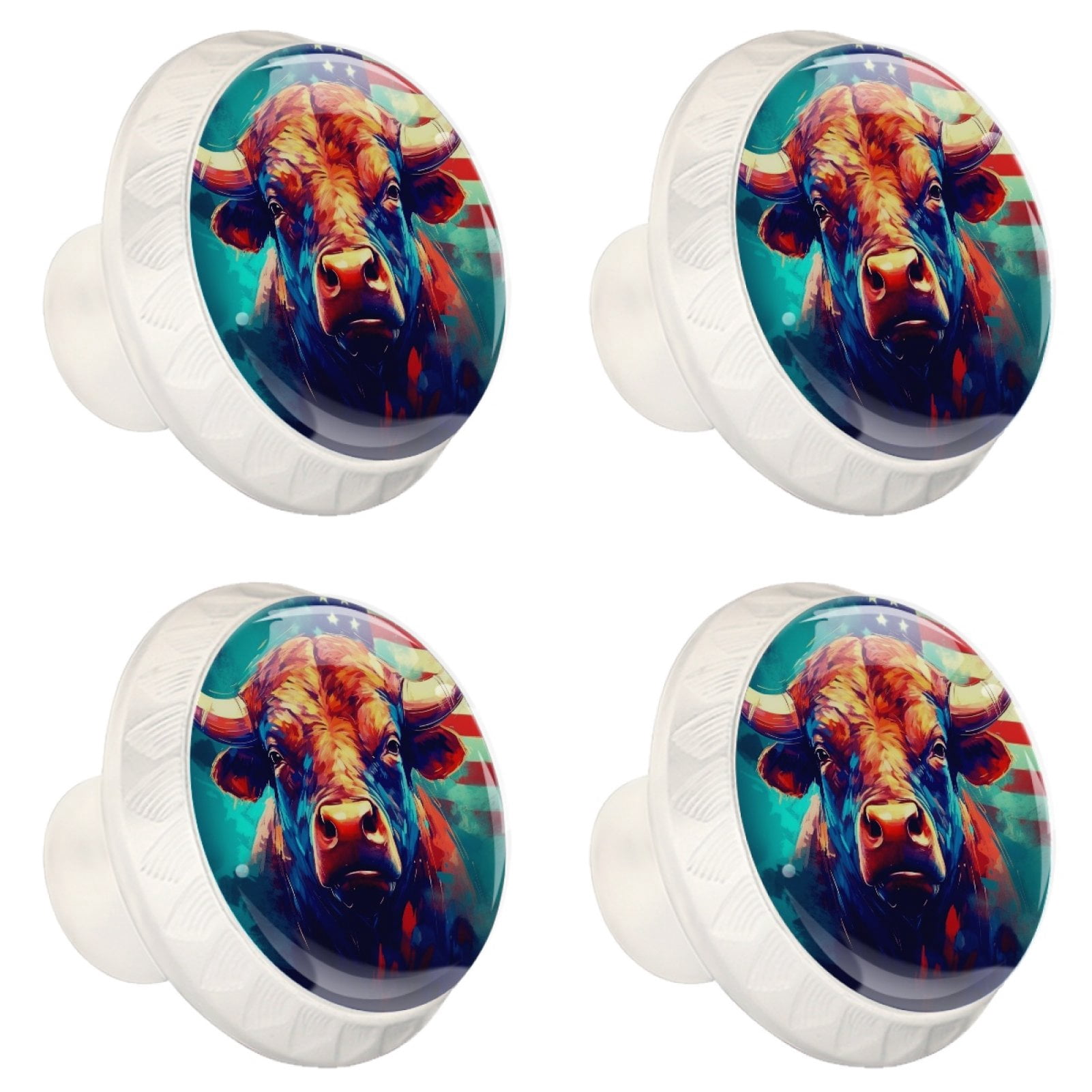 4 Pcs Cow American Flag Knobs for Kitchen Cabinet Cupboard Dresser Bookcase Drawer Pulls Handles Round Home Decor