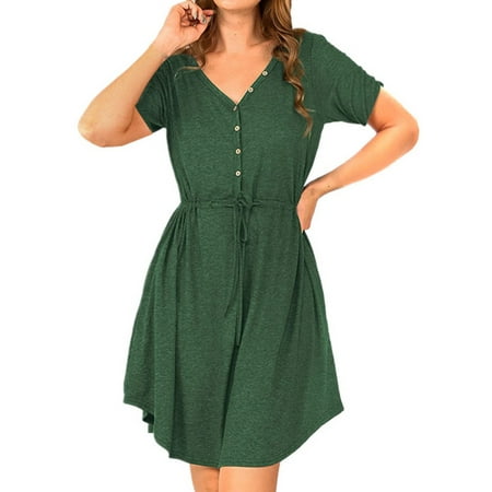 

Frontwalk Women Sleep Dress V Neck Short Sleeve Dress Casual Lounge Dress Nightwear Loose Pajama Dress with Pockets