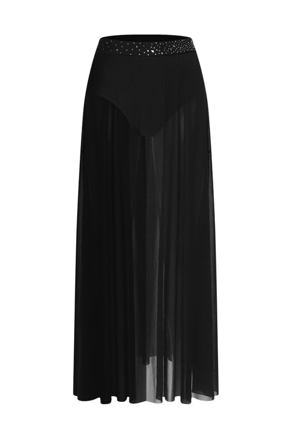 Women Lyrical Dance Skirt Chiffon Figure Skating Dance Skirts Black M