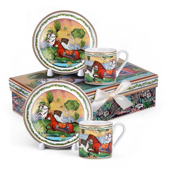 STP GOODS Running Horse Bone China Espresso Coffee Cup and Saucer Set of 4 for 2 in Gift Box 3.38 fl oz (100 ml) Porcelain Coffee Cup Set, White Green Yellow