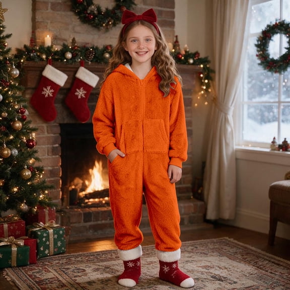 CUZIBR Toddler Girl Boy Fuzzy Onesie Christmas Hooded Pajama Jumpsuit Zip-Up Long Sleeve Cozy Loungewear,Orange,4-5 Years