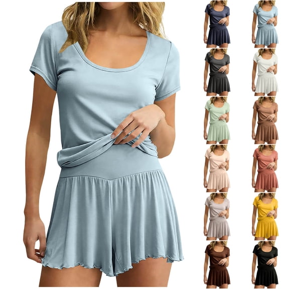 Antinious Women Solid Crewneck Short Sleeve Sleep Shirts and Shorts Summer Sleepwear Soft Lightweight Pajamas Outfits