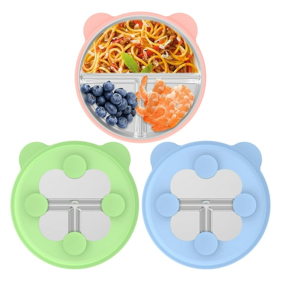 LINFANG 3 Pcs Stainless Steel Baby Suction Plate with Removable Silicone Sleeves 2 in 1 Divided Toddler Plates for Babies and Toddlers Dishwasher Safe