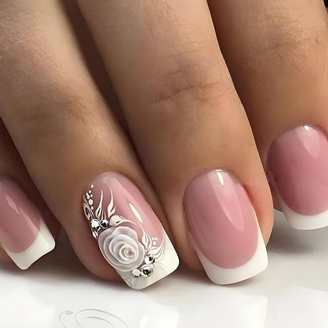 Press on Nails Medium Square Fake Nails White French Tip False Nails with White Rose&Rhinestone Press ons Designs Acrylic Nails Press on Artificial Nails Stick on Nails for Women 24Pcs