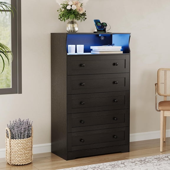 Modern 5 Drawer Dresser for Bedroom, Tall Wooden Chest of Drawers with Open Shelf, LED Lights & Charging Station, Black Dresser for Closet, Living Room, Hallway