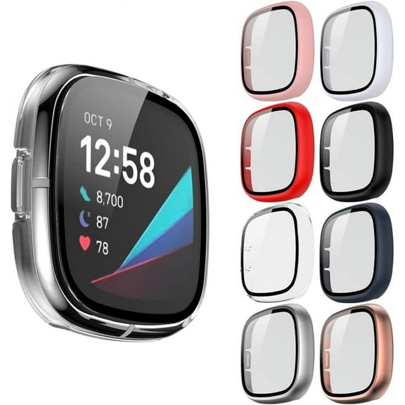 REQO 8-Packs Case Cover Compatible with Fitbit Versa 3/Sense Fitness Tracker,Hard PC Plated Bumper&Tempered Glass Screen Protector Cases Anti-Scratch Protective Shell Smartwatch Accessory