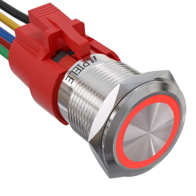 APIELE 19mm Latching Push Button Switch 12V DC Angel Eye Halo Ring LED Metal 0.74" 1NO1NC SPDT with Wire Socket Plug (RED)