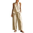 thumbnail image 2 of Karymi Rompers for Women 2 Piece Gingham Linen Blend Outfit Set, V Neck Sleeveless Loose Pullover Tank Top+Elastic High Waist Wide Leg Pants with Pockets Jumpsuits for Women Dressy, 2 of 7