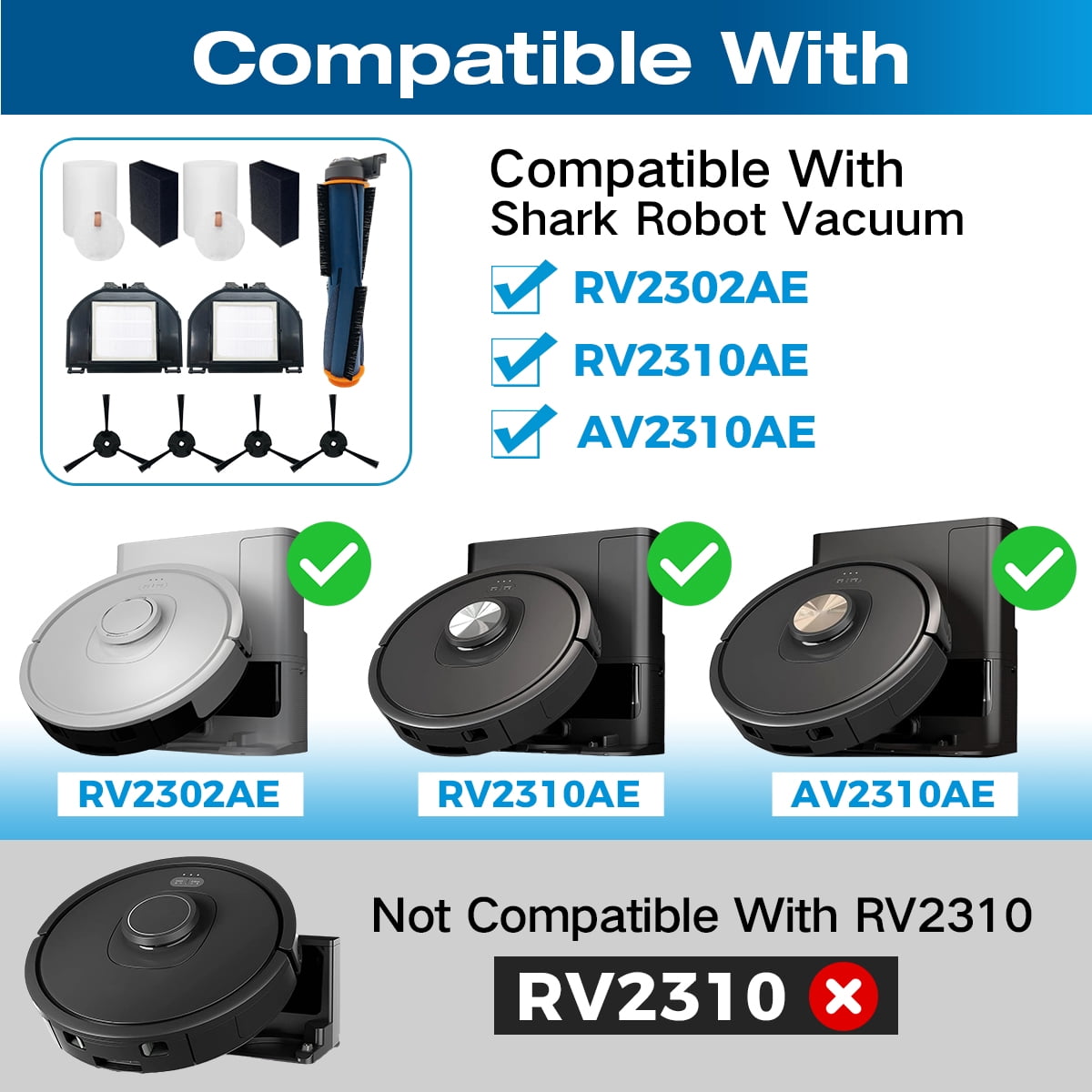 Home Times Replacement Parts Set Compatible with Shark Matrix RV2302AE Robot Vacuum RV2302AE RV2310 RV2310AE AV2310 AV2310AE RV2300 RV2300S RV2320S UR2350AE HEPA Filter Main Brush Side Brushes