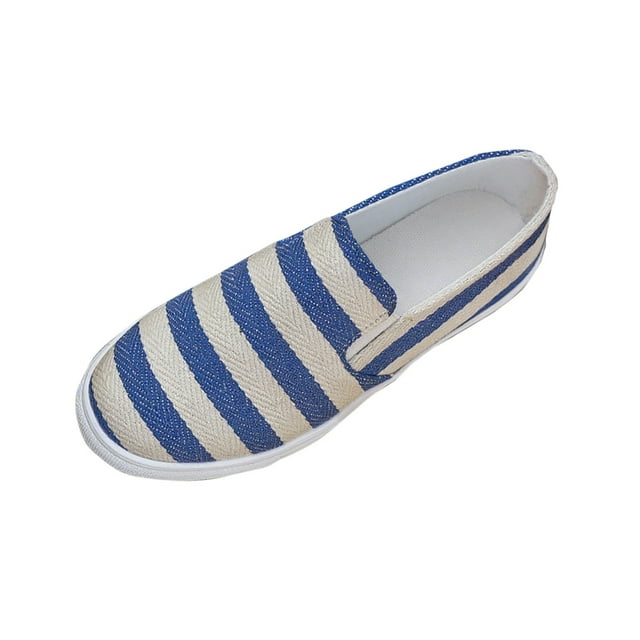 Xfvqtps Womens Striped Canvas Flats Rhinestone Embellished Pointed Toe Quilted Insole Slip on Moccasins Casual Shoes Blue