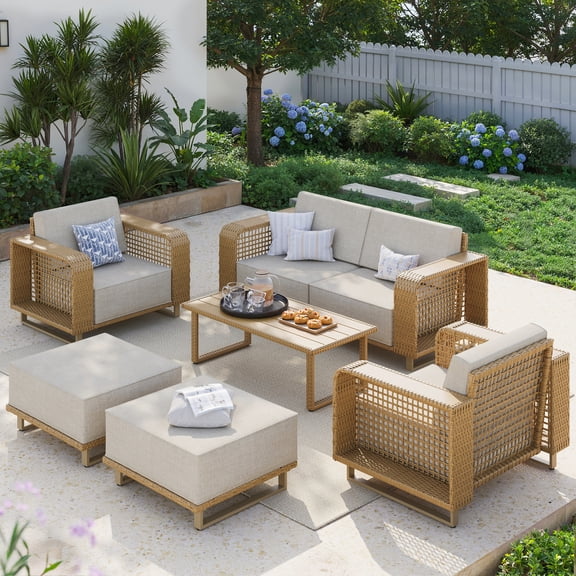 ELPOSUN 6 Pieces Outdoor Wicker Patio Furniture Set, Rattan Conversation Sofa Set with Coffee Table & Ottomans, All‑Weather 10" Cushioned Seating for Backyard,Poolside,Deck