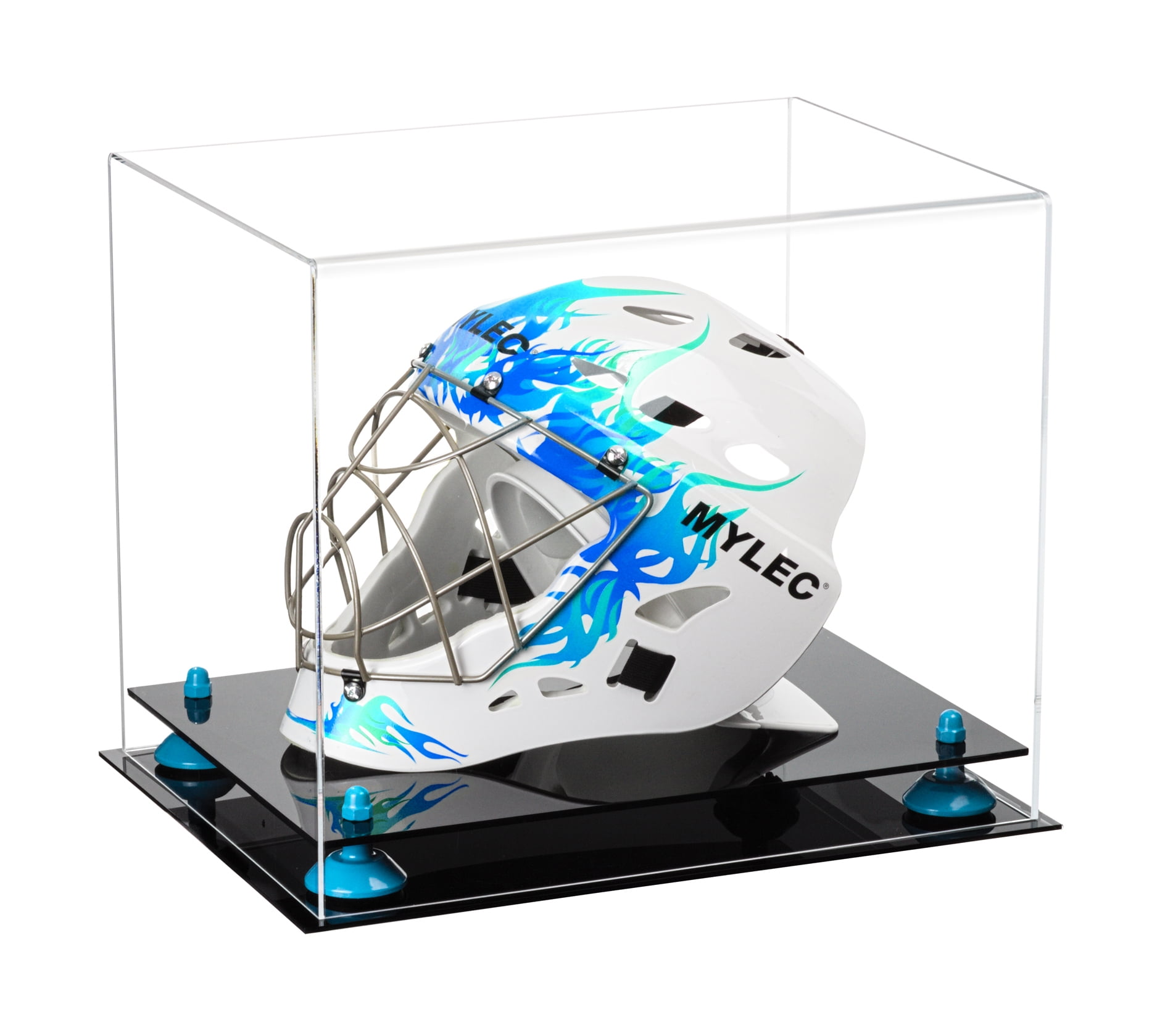 Deluxe Clear Acrylic Lacrosse Helmet Display Case with Blue Risers