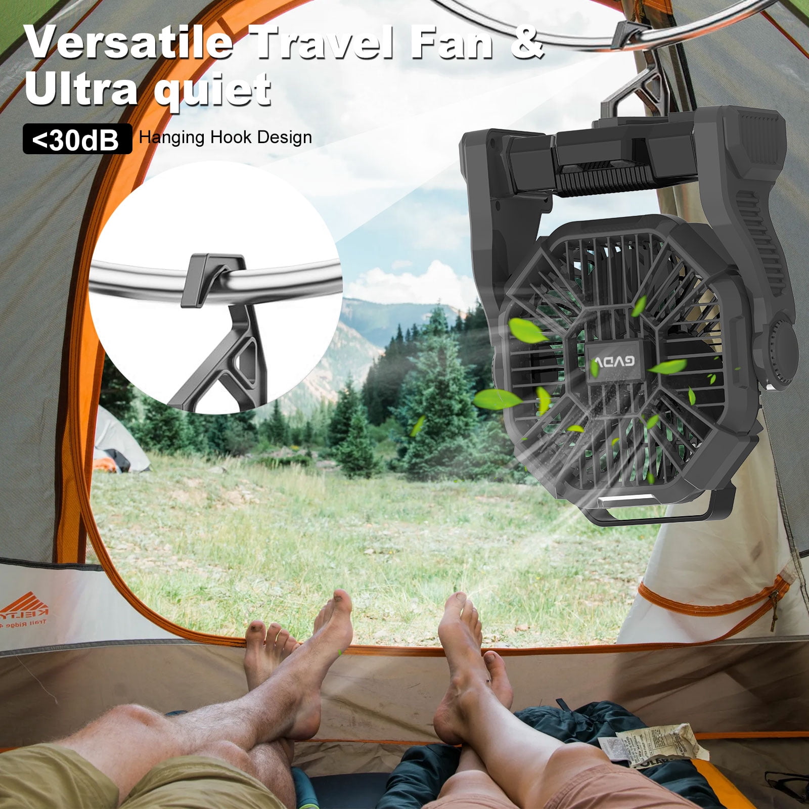 GVDV Camping Fan with LED Lantern, Portable Battery Operated Outdoor Fan, Personal Rechargeable Desk Fan for Travel, Hiking, Fishing, Picnic