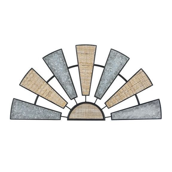 Joveco 24" Farmhouse Wall Decor Galvanized Metal Windmill Wall Sculpture with Rattan and Fir Wood Veneer, Rustic Half-Windmill Art Home Decoration