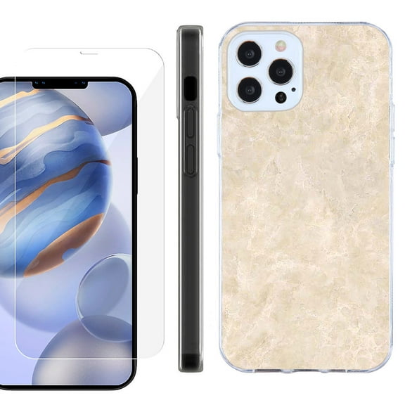Slim Fit Protective Phone Case for Apple iPhone 12 / iPhone 12 Pro, with Tempered Glass Screen Protector, by OneToughShield ® - Marble / Latte