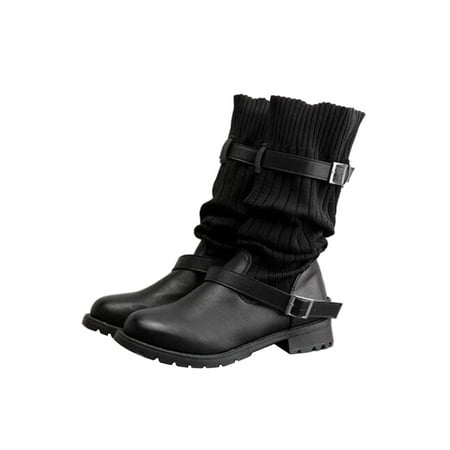 

Rotosw Ladies Mid-Calf Boots Woolen Yarn Winter Shoes Low Heel Boot Non-slip Strap Buckle Work Fashion Black 8.5