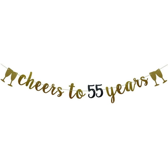 Cheers To 55 Years Banner,Pre-Strung, Gold And Black Glitter Paper Party Decorations For 55 TH Wedding Anniversary 55 Years Old 55TH Birthday Party Supplies Letters Black And Gold